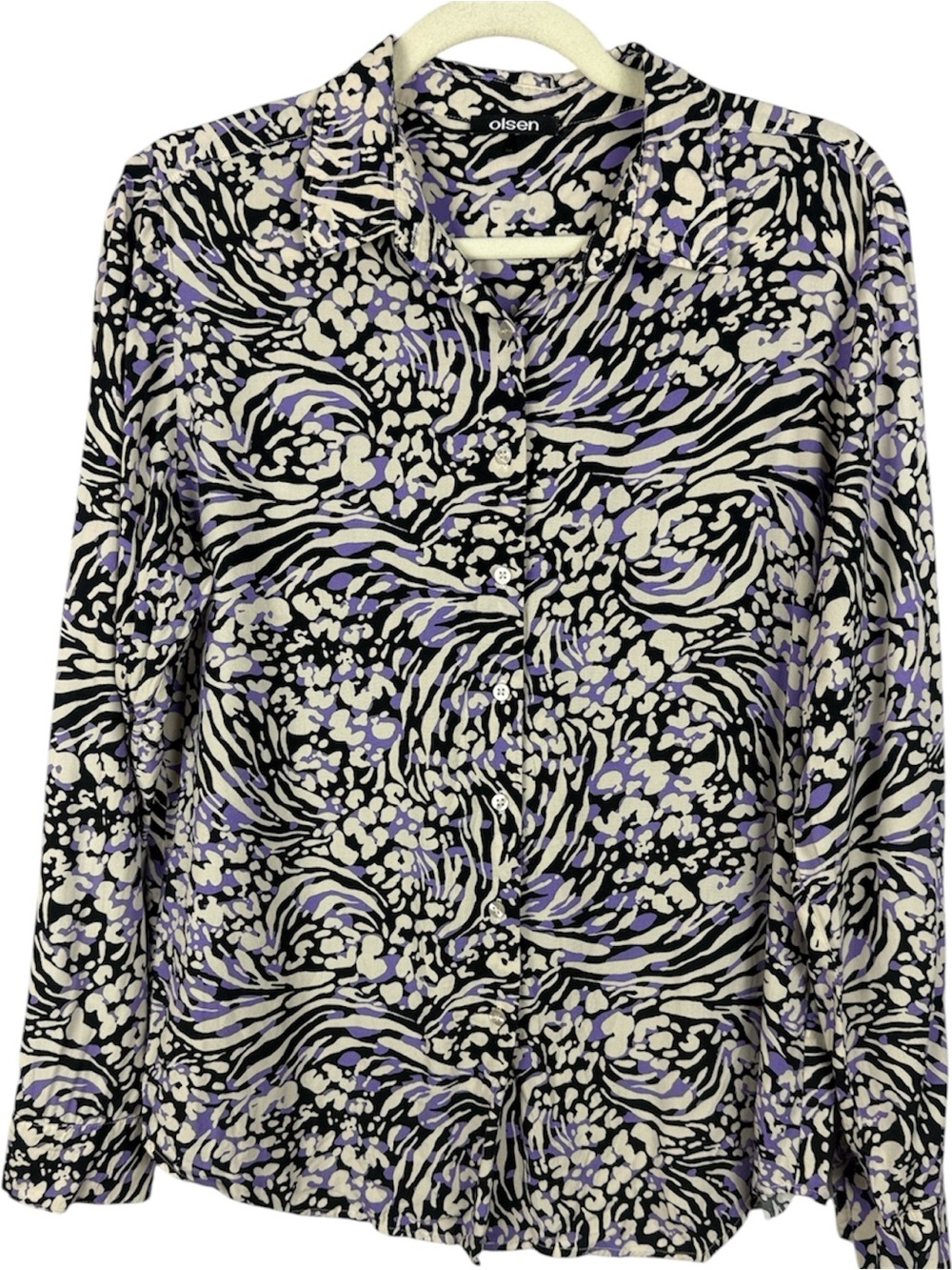 Olsen Abstract Animal Print Button Down Blouse Purple Black Cream Long Sleeve